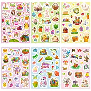 Detail view of 6 colorful Easter sticker sheets with rabbits, eggs, and chicks