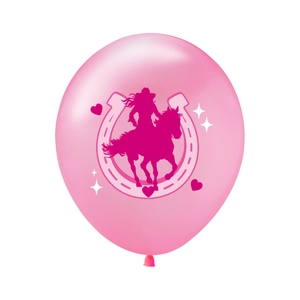 Détail de ballon rose cowgirl avec silhouette de cavalière magenta et étoiles blanches