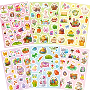 Easter party stickers set featuring colorful eggs, bunnies and chicks for gift decoration