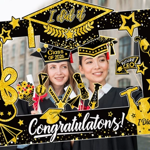 Black and gold graduation photo booth props kit for 2026 party ceremony decorations