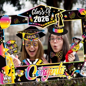 2026 graduation party photo booth props with colorful frames and signs for graduates