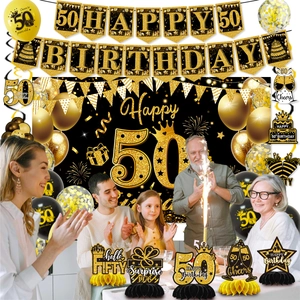Kit decorazioni 50 anni nero e oro con striscione, palloncini e centrotavola a nido d'ape