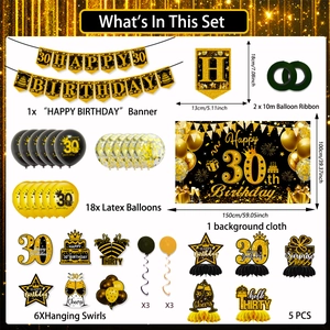 Detailed set of 30th birthday party decorations with banners balloons and backdrop