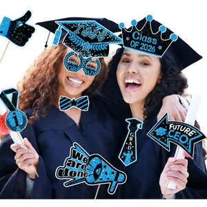 Class of 2026 graduation party photo booth props with blue glitter finish for students