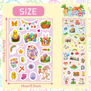Easter cartoon stickers set with rabbits and eggs, measuring 14x20cm for party decor
