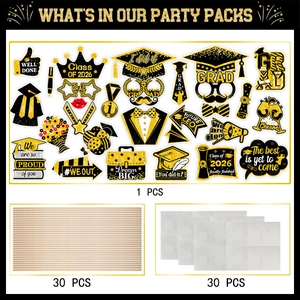 2026 graduation party photo booth props kit with black and gold glitter paper accessories