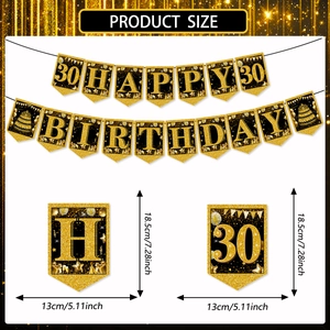 Dimensioni dettagliate delle bandierine glitter nero e oro per il 30° compleanno su bianco