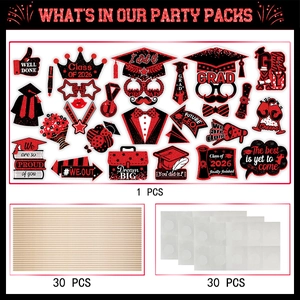 26-piece graduation photo booth props kit with red and black glitter designs and sticks