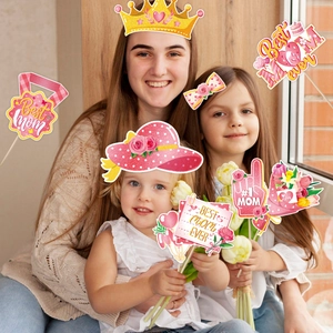 Mother's Day photo booth props set with pink and gold Best Mom signs for party fun