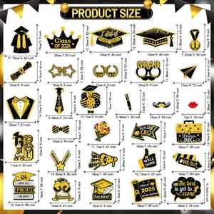 Size chart for 2026 graduation party photo booth props with black and gold glitter designs