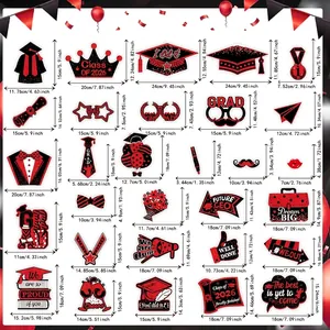 Size chart for 25-piece graduation photo booth props with glitter hats and signs