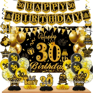 Detailed set of black and gold 30th birthday party decorations with balloons and banner