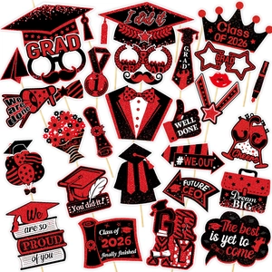 2026 graduation photo booth props with red glitter doctor hats and party signs