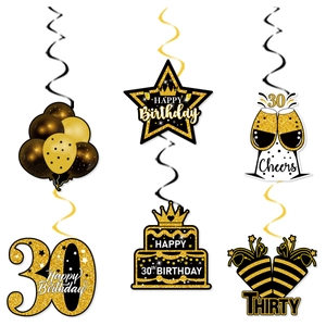 Set di 6 decorazioni a spirale per il 30° compleanno in nero e oro con glitter
