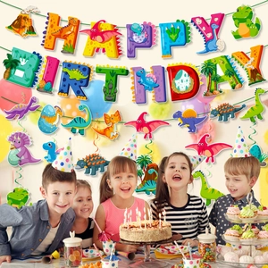 Colorful dinosaur happy birthday banner and hanging swirls for kids party decoration