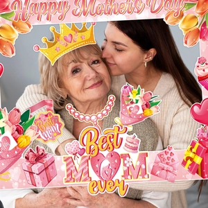 Pink Mother's Day photo booth frame and props set with floral tulip designs