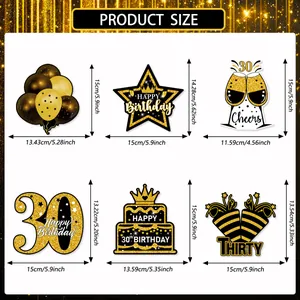 Guide des tailles pour décorations de 30e anniversaire avec 6 centres de table noir et doré
