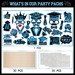 2026 Graduation photo booth props kit with blue glitter hats and glasses decoration