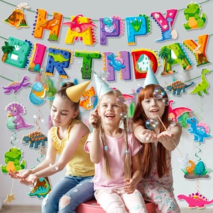 Detailed dinosaur themed birthday party set with banner and spiral hanging decorations