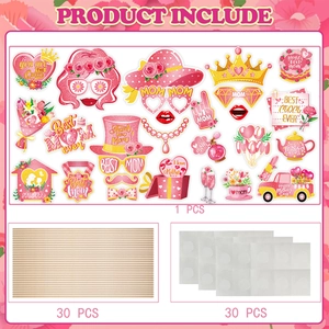 DIY Mother's Day party photo booth props with pink crowns hearts and glasses