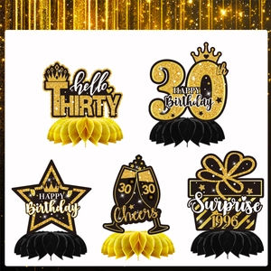 Set di 5 centrotavola a nido d'ape per il 30° compleanno in elegante nero e oro