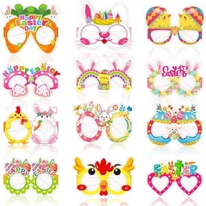 Lot de 12 lunettes de Pâques colorées en papier avec lapins, poussins et œufs sur fond blanc