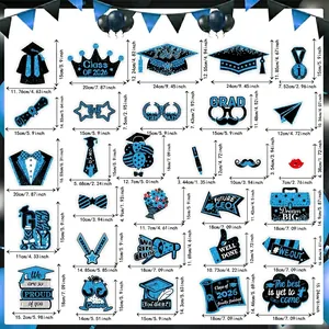 Size chart for 30pcs 2026 graduation photo booth props with blue and black glitter designs