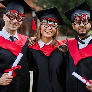 Funny graduation party paper glasses set with GRAD and Future CEO slogans for photo props