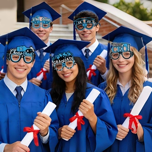 Blue glitter graduation party glasses featuring Cheers Grad and Graduate slogan designs
