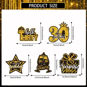 Tableau des tailles pour décorations de 30ème anniversaire noir et or avec mesures en cm et pouces