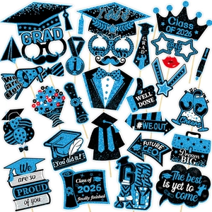 Class of 2026 graduation party photo booth props with blue and black glitter designs