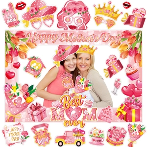 Kit Accessoires Photobooth Fête des Mères Papier Imprimé Cadre Photo Happy Mother's Day Best Mom Ever Décoration de Fête