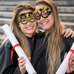 Graduation party eyewear props in black and gold with glitter for 2024 ceremony events