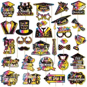 2026 graduation party photo booth props with holographic black and gold accessories