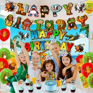 Détail du décor de fête Shanhaijing avec ballons colorés et bannière de joyeux anniversaire