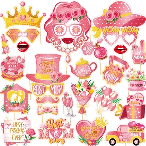 25-piece Mother's Day photo booth props set with pink and gold glitter accents