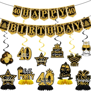 Decorazione di Compleanno Oro Nero Striscione Happy Birthday Spirali Sospese Centrotavola a Nido d'Ape Per Anniversario Festa