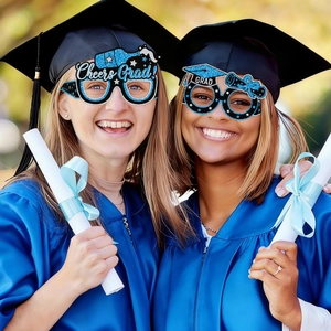 Blue graduation party eyewear with Cheers Grad text and doctorate cap for graduates