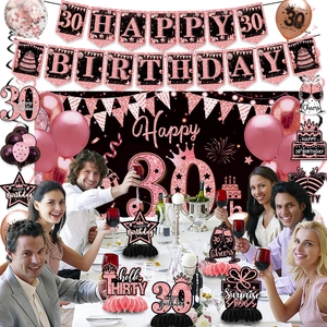 Rose gold 30th birthday party kit with balloons, banners and honeycomb centerpieces