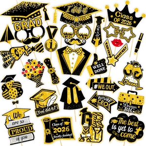 Class of 2026 graduation party photo booth props kit with black and gold glitter designs