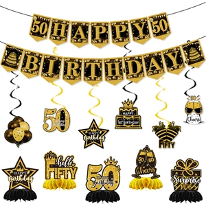 Set 50° compleanno con striscioni nero e oro, decorazioni a spirale e centrotavola