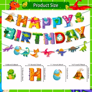 Colorful dinosaur Happy Birthday banner set with various cartoon character dimensions