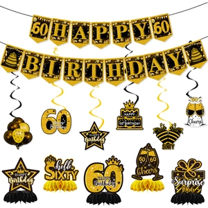 Set decorativo per 60 anni con striscioni, spirali e centrotavola nero e oro