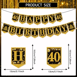Detail of black and gold 40th birthday glitter banner showing swallowtail flag dimensions