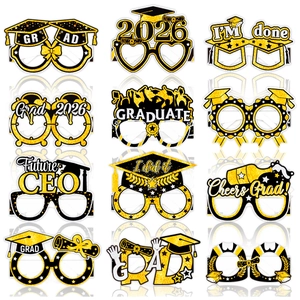 Set of 12 black and gold glitter graduation party paper glasses with 2026 and GRAD designs