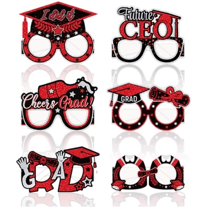 Set of six festive graduation paper glasses with glittery red, black and white party motifs