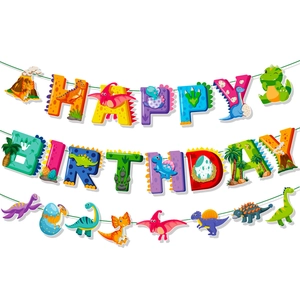 Detail of colorful dinosaur HAPPY BIRTHDAY banner featuring cartoon T-Rex and Triceratops