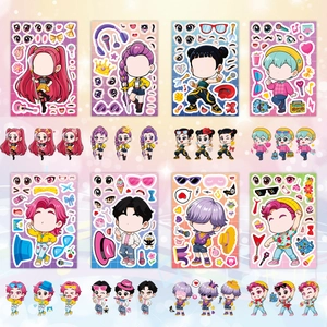 Detailed macro view of 8 different DIY anime girls stickers for party gift sets