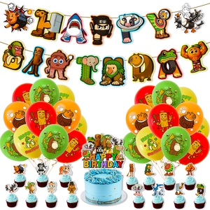 Ensemble détaillé de bannières d'animaux de dessin animé, ballons et cake toppers