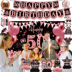 Complete 50th birthday party decoration set with rose gold banner and balloons for family events